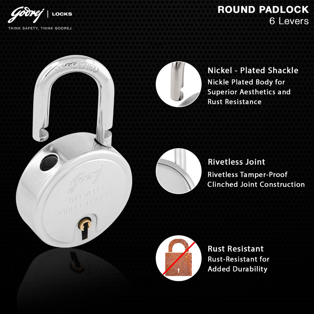 Godrej Locks I Round Padlock 50mm I 3 Keys I Padlock for Main Door I Gate Lock I Lock for Tool Box and Offices I Silver Finish I 8148